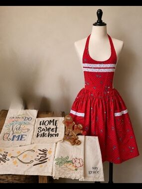 Kitchen Bundle - Red Halter Apron, Dish Towels, Etc